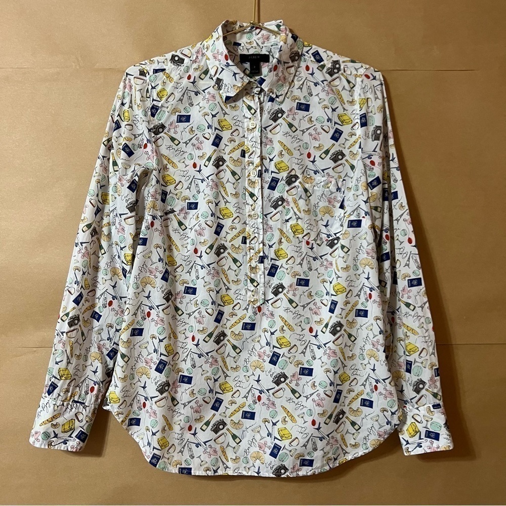 J. Crew | Parisian Novelty Print Popover Top French Paris Travel Shirt Size 2